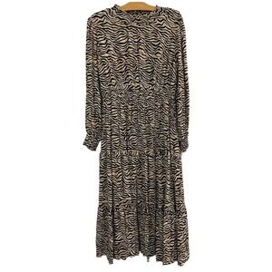 Lost + Wander | Dress Maxi Smocked Ruffles Black Gold Zebra- sz Large